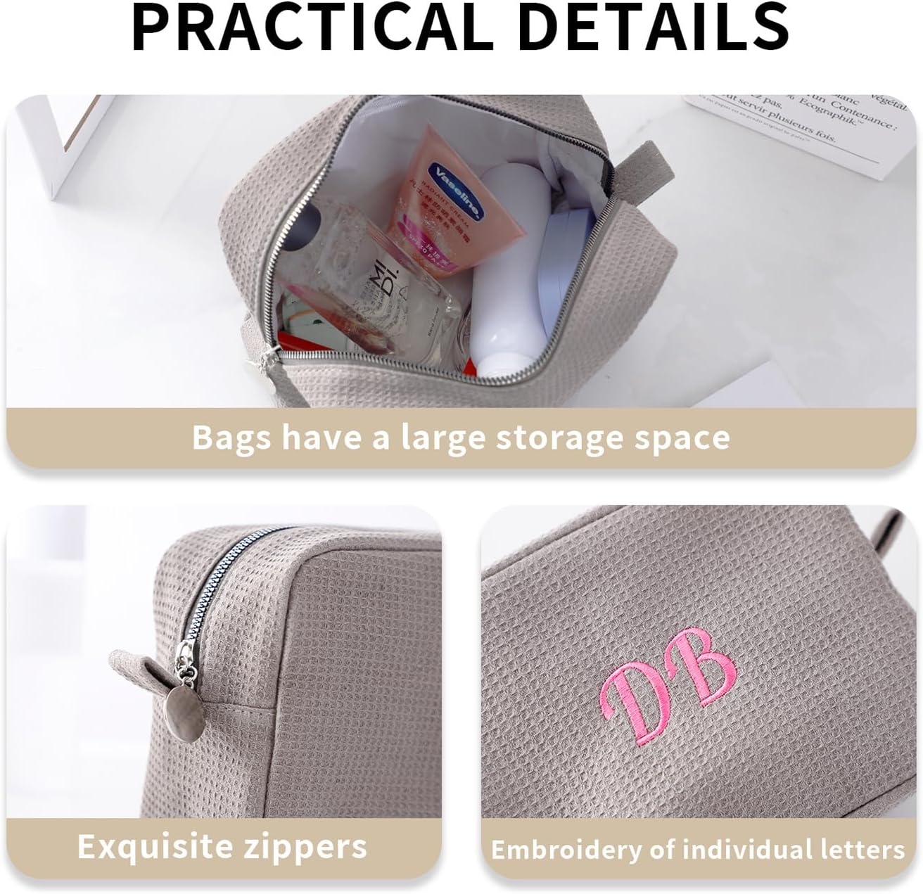 Personalized Embroidered Makeup Bag,Custom Waffle Fabric Cosmetic Pouch for Women, Travel Makeup Pouch (3, Gray)