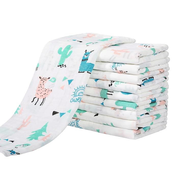 Yoofoss Muslin Burp Cloths for Baby 10 Pack 100% Organic Cotton Baby Washcloths for Boys Girls Large 20''X10'' Super Soft and Absorbent Alpaca