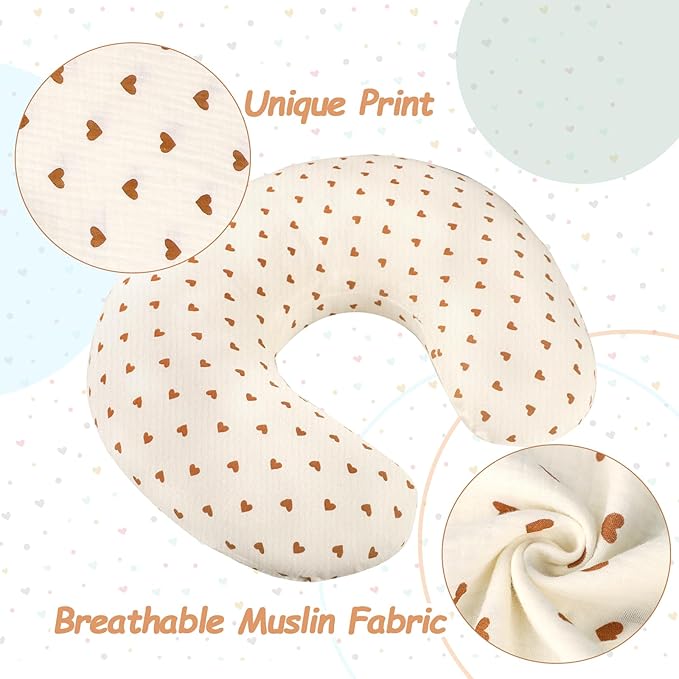 Hooyax Muslin Nursing Pillow Cover, Feeding Pillow Slipcover for Breastfeeding Moms, Soft and Breathable Infant Pillow Cover for Baby Boy and Girls (Heart)