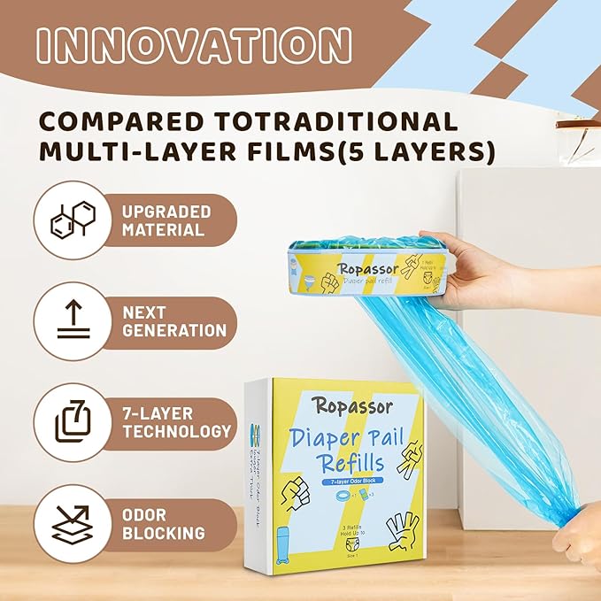 Diaper Pail Refill Bags for Genie Complete/Expressions & Munchkin Step Diaper Pail (840 count) 1 Cassette+3 refills, 7-Layer Odor-Absorbing, Disposable Diaper Poop Bags, Baby essentials