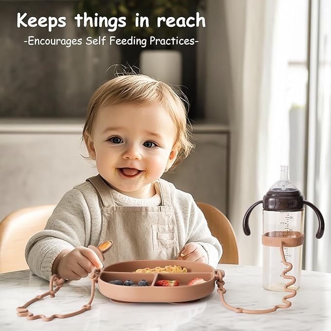 Baby Plates with Suction Silicone Baby Spoons Divided Baby Plates Silicone Baby Safety Toy Straps Baby Bottle Bungees Baby Feeding Set All-in-one-Brown