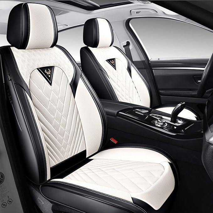 Car Seat Covers,Waterproof Faux Leather Automotive Comfortable Seat Covers Full Set for Cars SUV Truck Sedan,Universal Anti-Slip Seat Protector Breathable Seat Cover (2 Seat,Black&White)