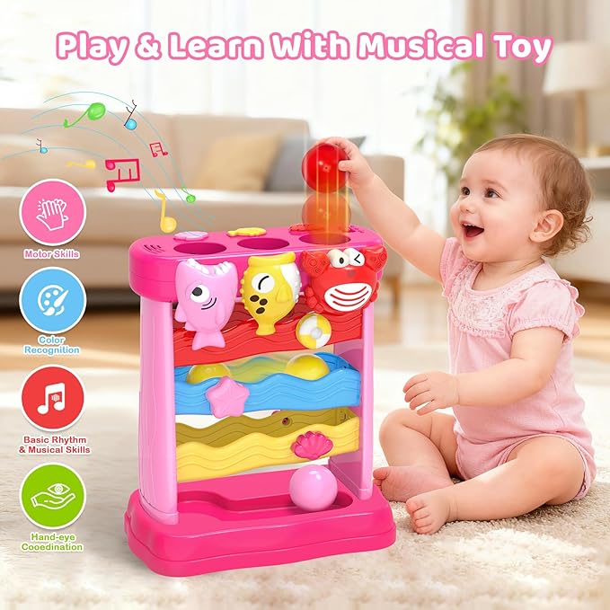 Musical Toys for 1 2 3 Years Old Toddlers Girls, Interactive Feeding Toy with Music & Balls, Montessori Education Toys for Baby 12-18 Months, Christmas Birthday Gifts for Aged 1-3 Year Toddler