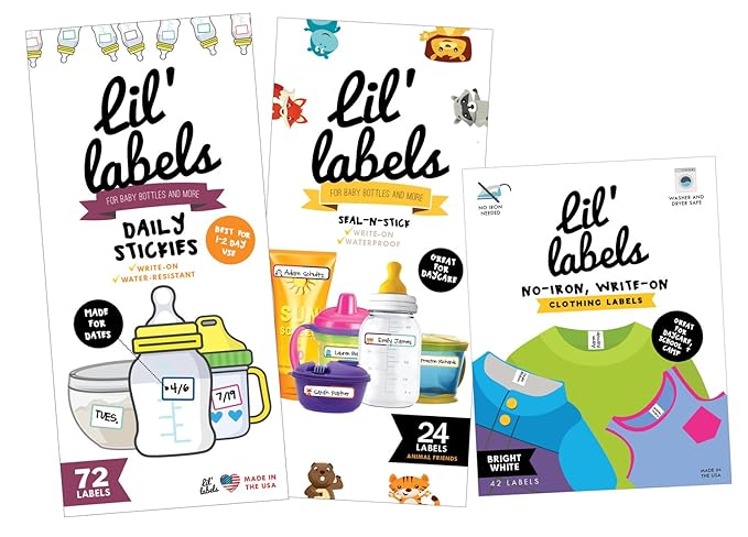 Daycare MEGA Pack - Write On Kids Name Tags, Waterproof: Animal Bottle Tags/Clothing Labels/Date Labels