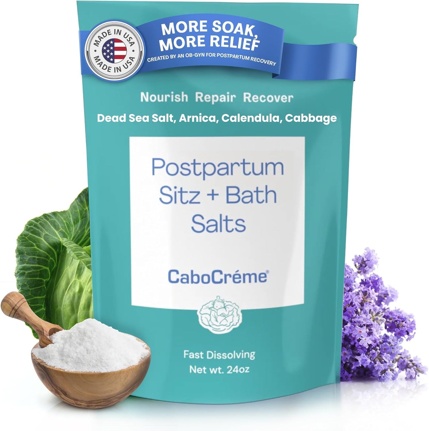 CaboCréme Postpartum Sitz + Bath Salts – 24oz – Postpartum Bath Soak for Perineal Care, Healing Tears, Swelling & Hemorrhoids – Dead Sea Salt with Magnesium, Arnica, Calendula + Cabbage Extract