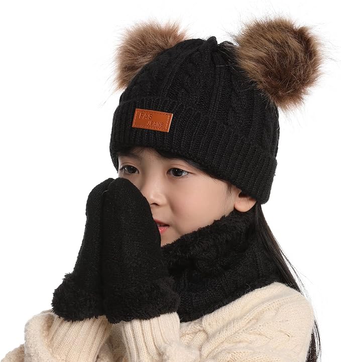 Duoyeree Baby Winter Hat Scarf Glove Beanie Set Girls Boys Pom Pom Knitted Beanie Mitten Scarves for Toddler 0-3T