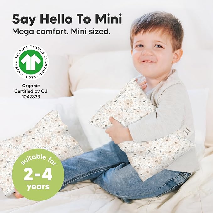 Mini Toddler Pillow with Pillowcase - 9x13 My Little Dreamy Travel Kids Pillow for Sleeping, Toddler Bed, Small, Tiny, Organic Cotton Pillowcase, Soft & Breathable, Kids 2-4 Years Old (Flora Vale)