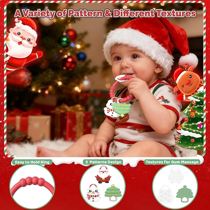 Christmas Baby Teething Ring with 3pcs Teether-Soft Santa Claus, Snowman & Tree, Textured Silicone Teether for 0-12months, Baby Sensory Chew Bracelet for Baby’s First Christmas