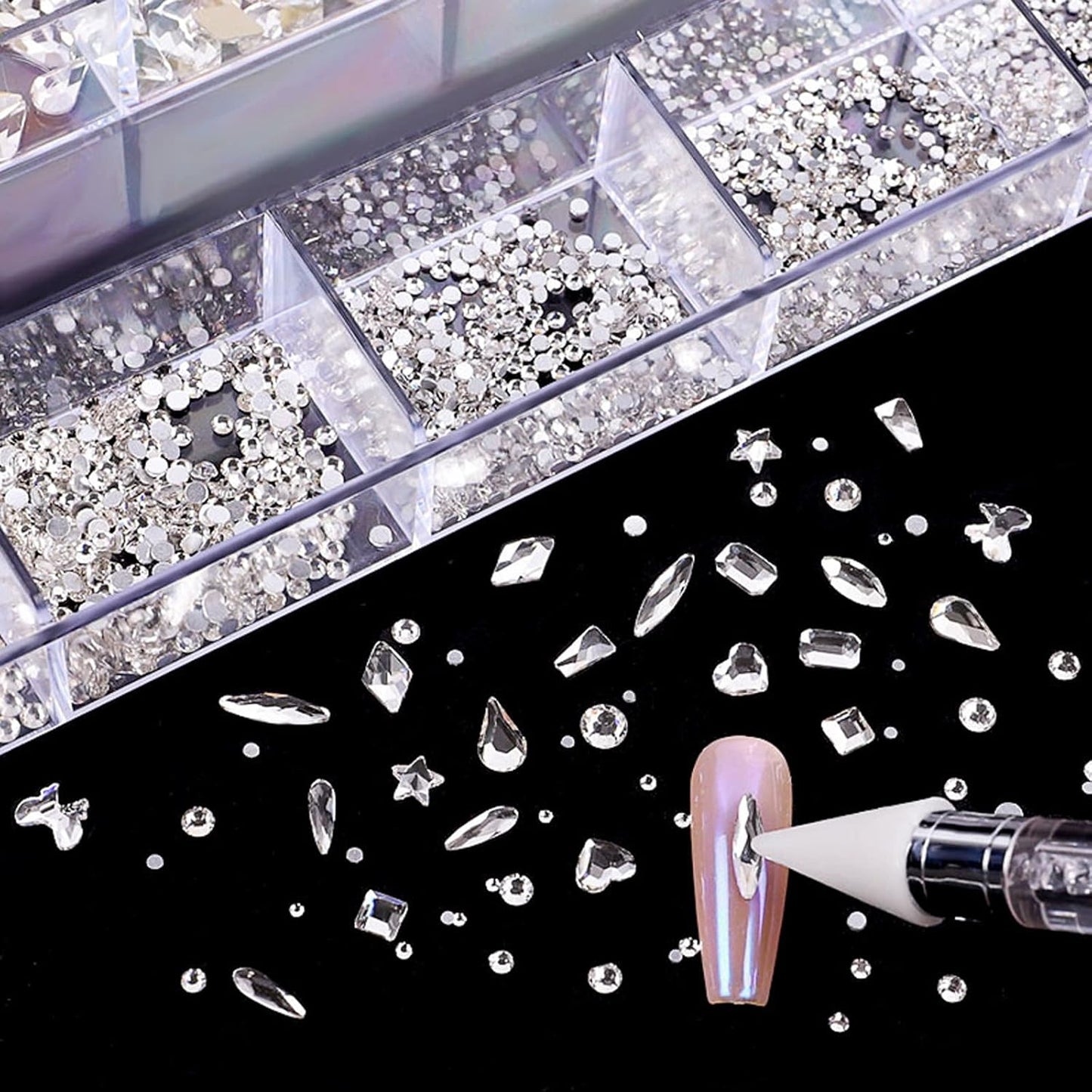 Nail Rhinestones Kit, Nail Art Decorations Flat AB Rhinestones Kit DIY Crafts Gemstones for Nail, Shoes, Clothes, Jewels (600 Iridescent Diamonds + 2500 Flat Rhinestone)
