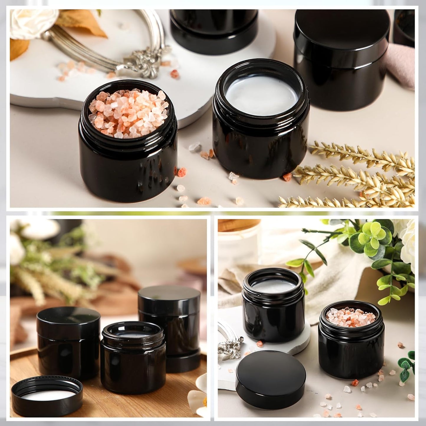 Domensi 48 Pcs 2 oz Glass Jars with Lids Travel Size Round Leakproof Empty Cosmetic Jars with Inner Liners Lid for Storing Makeup Lotions Face Cream Ointments Candle DIY Making (Black)