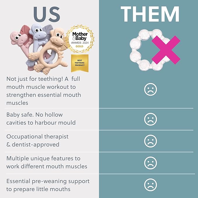 Bibado - Dotty The Dinosaur Teething Toys, Fawn - Multi-Sensory Teether - BPA Free Baby Toy - Strengthen Mouth Muscles & Learn Feeding - Dentist Approved - Baby Essentials & Baby Toys - 3 Months+