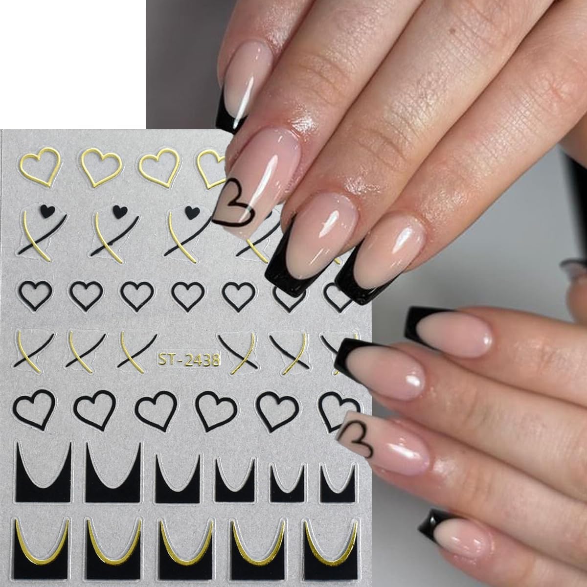 6Sheets Heart Nail Stickers French Tips Nail Art Stickers Letter Nail Decals Gold Black Bronzing Hollow Design 3D Self Adhesive Nail Sticker for Nail Art Decoration Salon Manicure Supplies for Women