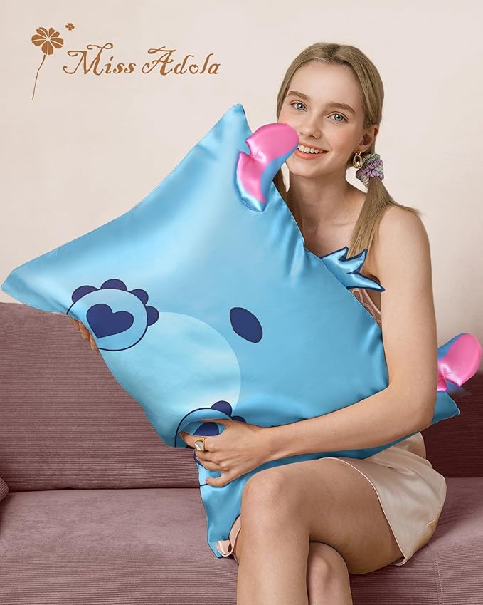 Kids Pillowcases Standard Size 20"x26" - Cute Cartoon Soft Breathable Silk Pillow Cases for Hair and Skin with Hidden Zipper for Girls Fun Kawaii Design for Bedding, Heart Blue