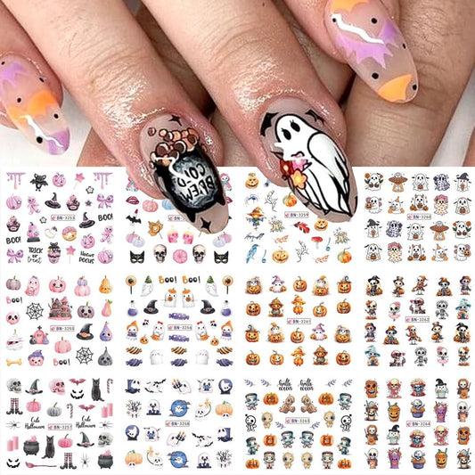 12 Sheets Halloween Nail Art Stickers Pink Pumpkin Water Transfer Nail Decals Cute Ghost Spider Skeleton Acrylic Nail Stickers for Women DIY Manicure Tips Halloween Nail Art Decorations Supplies