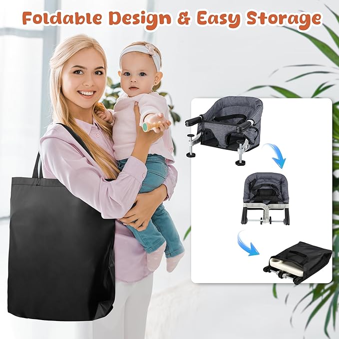 Hook On High Chair, Jozzve Clip on High Chair with Removable Dining Tray for Babies and Toddlers, Fold-Flat Storage Portable Baby Feeding Seat, Attach to Fast Table Chair for Home Travel (Grey)