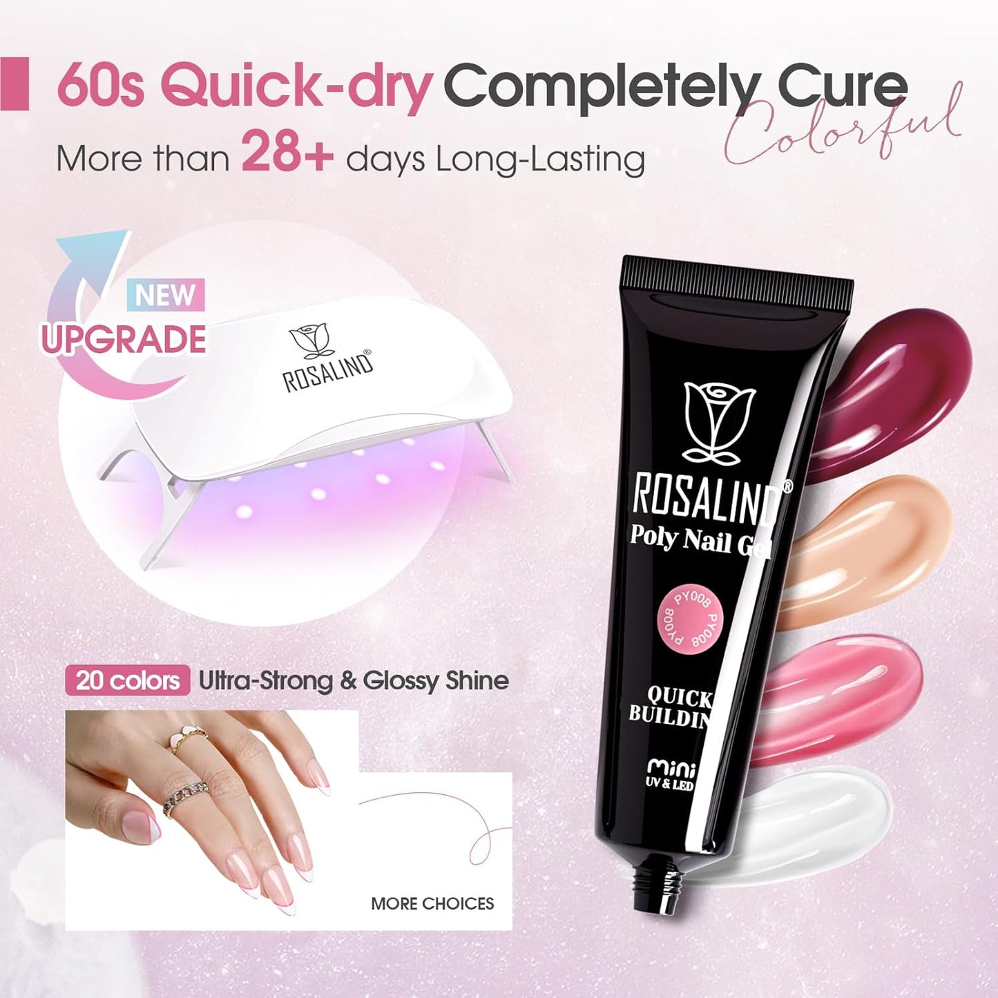 ROSALIND 20PCS Light Pink Nude Poly Nail Gel Kit with Mini Nail Lamp White Brown Poly Nails Extension Gel Set