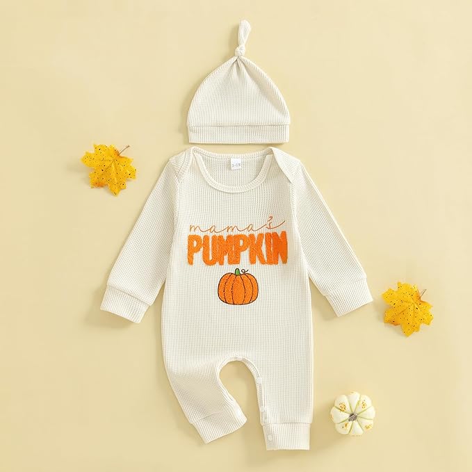 Newborn Infant Baby Boy Halloween Outfit Little Pumpkin Embroidery Romper Waffle Knit Long Sleeve Jumpsuit with Hat