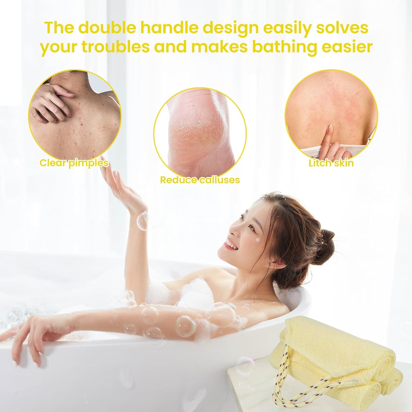 3 Pcs Double-Sided Back Exfoliator Body Scrub Towel, Exfoliating Back Scrubber with Handles,Exfoliating Washcloth Bath Tool in Shower, Stretchable Back Washer to Deep Cleans Skin (Beige)
