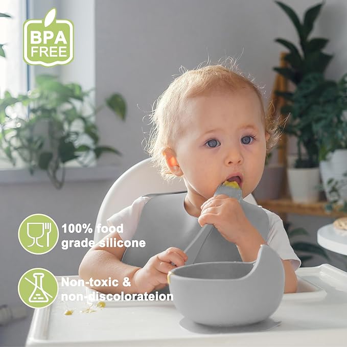 Silicone Baby Feeding Set | Baby Led Weaning Supplies Includes Suction Bowls and Divided Plates, Adjustable Bib, Baby Utensils Spoons and Forks,Cup | Baby Feeding Essentials (Grey)