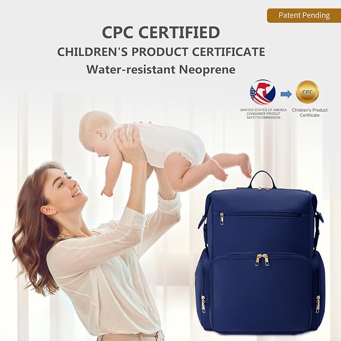 CEI-CEI Neoprene Diaper Bag Backpack with Insulated Pockets, Large Newborn Baby Maternity Bags Travel Tote with Changing Pad (Dark Blue)