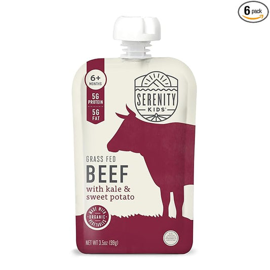 Serenity Kids 6+ Months Baby Food Pouches - Grass Fed Beef Puree with Organic Kale & Sweet Potato - BPA-Free Baby Snacks - 3.5 Oz, 6 Pack