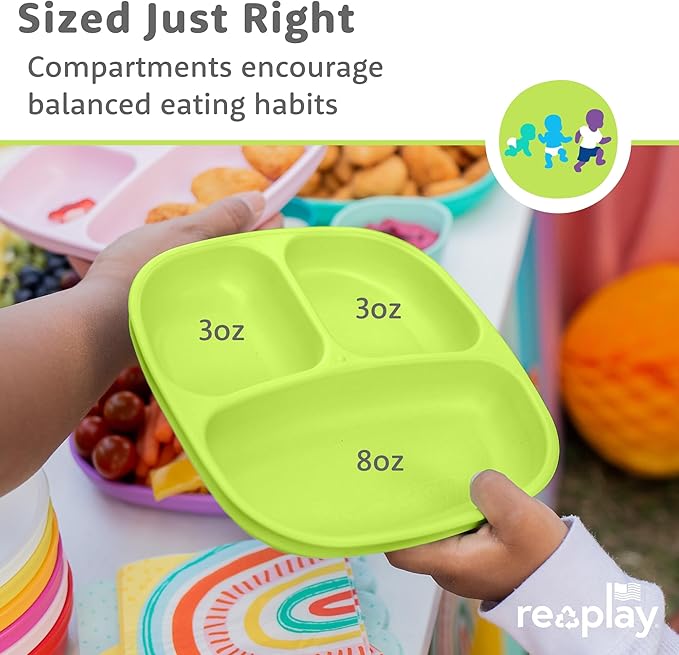 Re-Play Toddler Plates with Dividers & Silicone Lid - Deep-Walled 3 Compartments Divided Plates for Kids - Dishwasher/Microwave Safe - Made in USA - Set of 4-7.37" x 7.37" x 1.25" - Aqua Asst