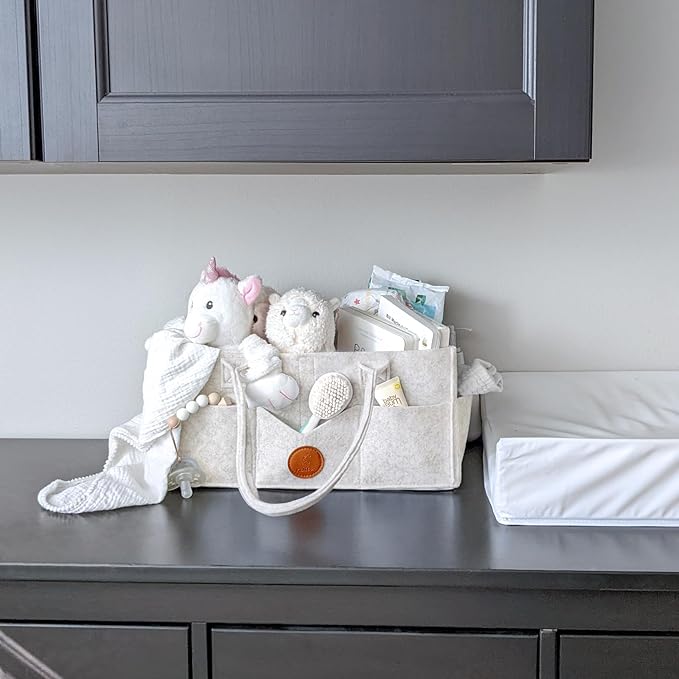 Maliton Baby Diaper Caddy, Car Organizer with Handle, Felt Diaper Caddy for Baby Boy Girl, Changing Table Organizer for Baby Stuff, 16" x 10" x 7" Baby Organizer for Nursery (White)