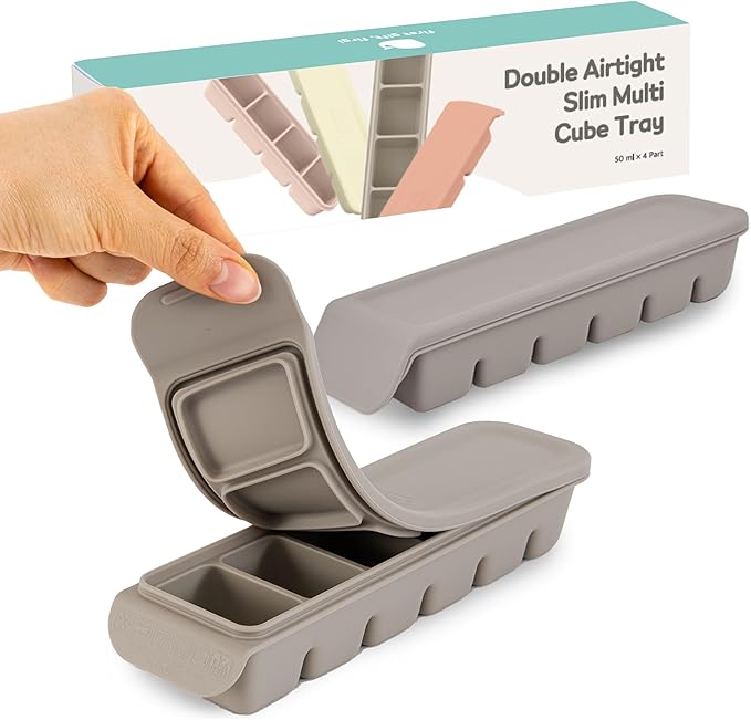 6 Section-1oz, Gray 100% Food Grade Silicone Ice Cube Tray Food Container with Airtight Locking Lid, Fruit Vegetable Purees, Breastmilk Storage for Baby & Toddler Food | BPA Free Korea Made