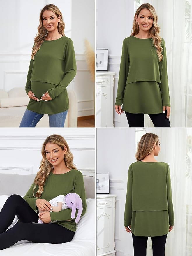 Ecavus Women's 3Pack Maternity Nursing Shirts Long Sleeve Double Layer Breastfeeding Shirts Comfy Pregnancy Clothes