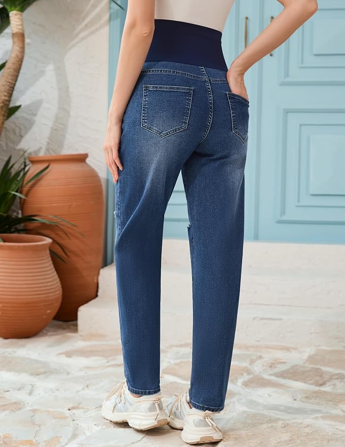 POSHGLAM Women's Maternity Jeans Over Belly Comfy Stretch 28'' Boyfriend Jeans Loose Pregnancy Pants, S-XXL