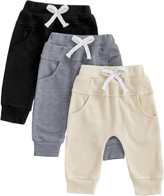 Sejardin Toddler Baby Boy Girl Pants 3 Pack Solid Color Elastic Waist Jogger Sweatpants Newborn Infant Casual Bottoms