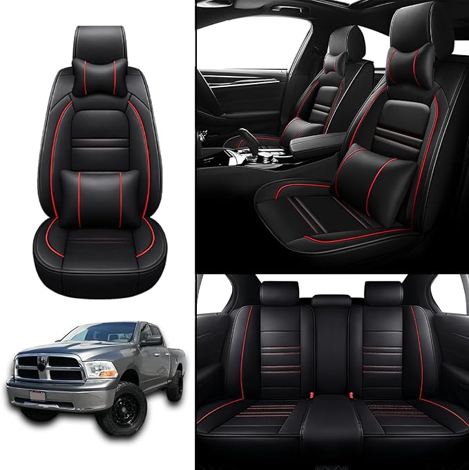 Car Seat Covers for Dodge ram 1500 2004-2011 | 5-Seats Seat Covers, Waterproof Seat Protectors, Automotive Seat Covers (Full Set with Pillow,Black&Red Line)