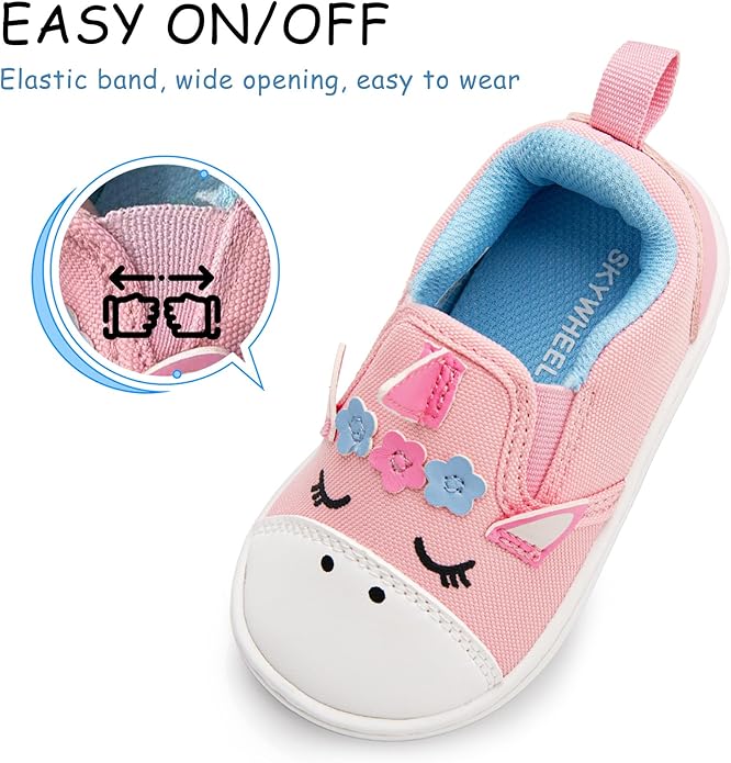 SKYWHEEL Toddler Slip On Shoes Wide Toe Box Barefoot Casual Canvas Walking Tennis Shoes for Boys Girls Cute Sneakers