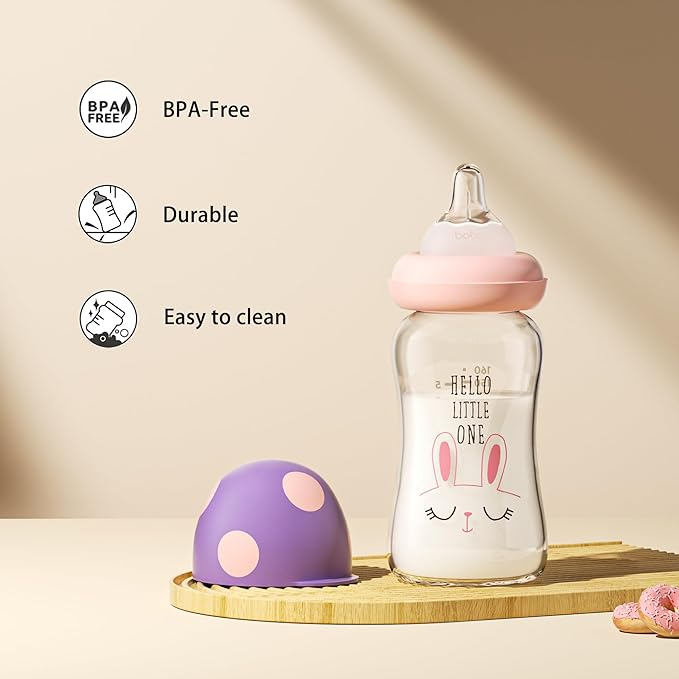 YOHKOH Natural Glass Baby Bottle with Natural Response Nipple, Newborn Anti-Colic Baby Bottles, Wide Neck Mushroom Cap Baby Bottle, Clear ((5.4oz (Pack of 2), Purple)