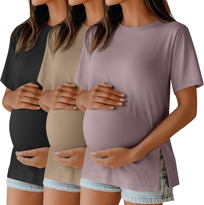 Ficerd 3 Pack Women's Maternity T Shirts, Short Sleeve Side Split Pregnancy Tops Casual Crew Neck Pregnant Tees Mama Clothes