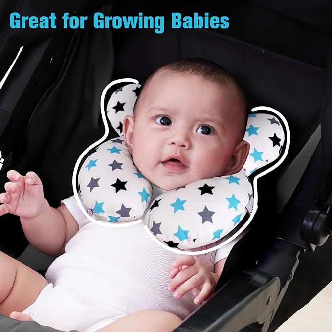 KAKIBLIN Baby Neck Pillow, Upgraded Baby Support Pillow, Head Pillows for Carseat, Newborn Neck Support for Car Seat,Pushchair,Travel (White Star)