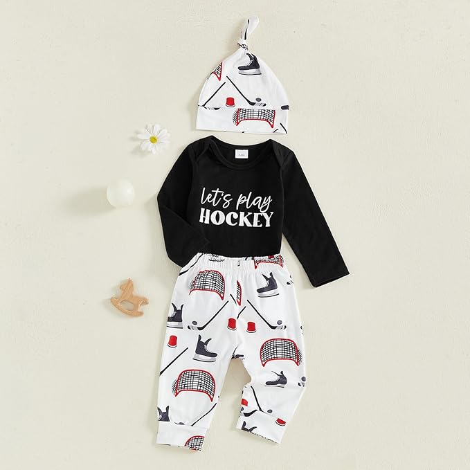 Baby Boy Hockey Outfit New Player in Town Long Sleeve Romper Long Pants Hat Set 3Pcs Newborn Fall Winter Clothes