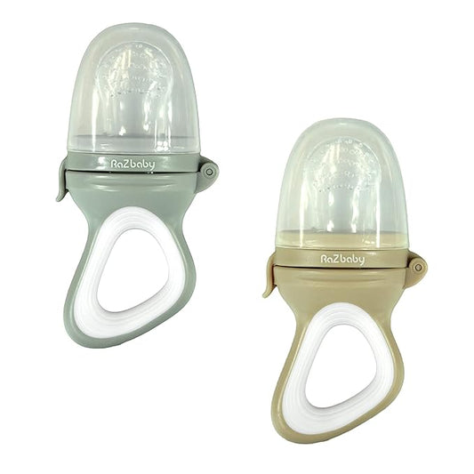 RaZbaby Baby Solids/Frozen Fruit Feeder Pacifier, Infant Teether Toy 6M+, BPA-Free, Safely Introduce Solids, Natural Teething Relief, Dishwasher Safe, Freezable – Grey & Tan 2-Pack