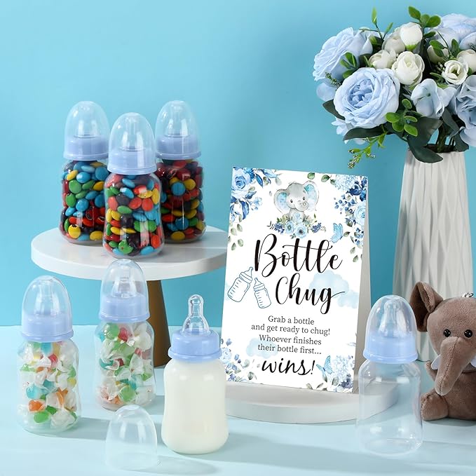 TrelaCo Bottle Chug Baby Shower Game Sign 20 Pcs Baby Bottles Shower Favor Plastic Greenery Flowers Bear Elephant Butterfly Gift Set for Gender Reveal Party(Cute Elephant,Blue)