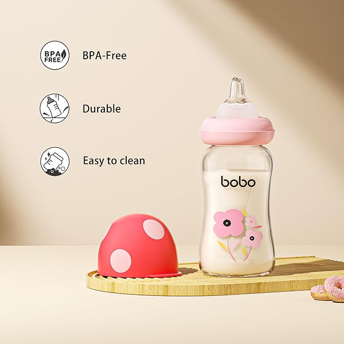 YOHKOH Natural Glass Baby Bottle with Natural Response Nipple, Newborn Anti-Colic Baby Bottles, Wide Neck Mushroom Cap Baby Bottle, Clear ((5.4oz (Pack of 2), Red-1)