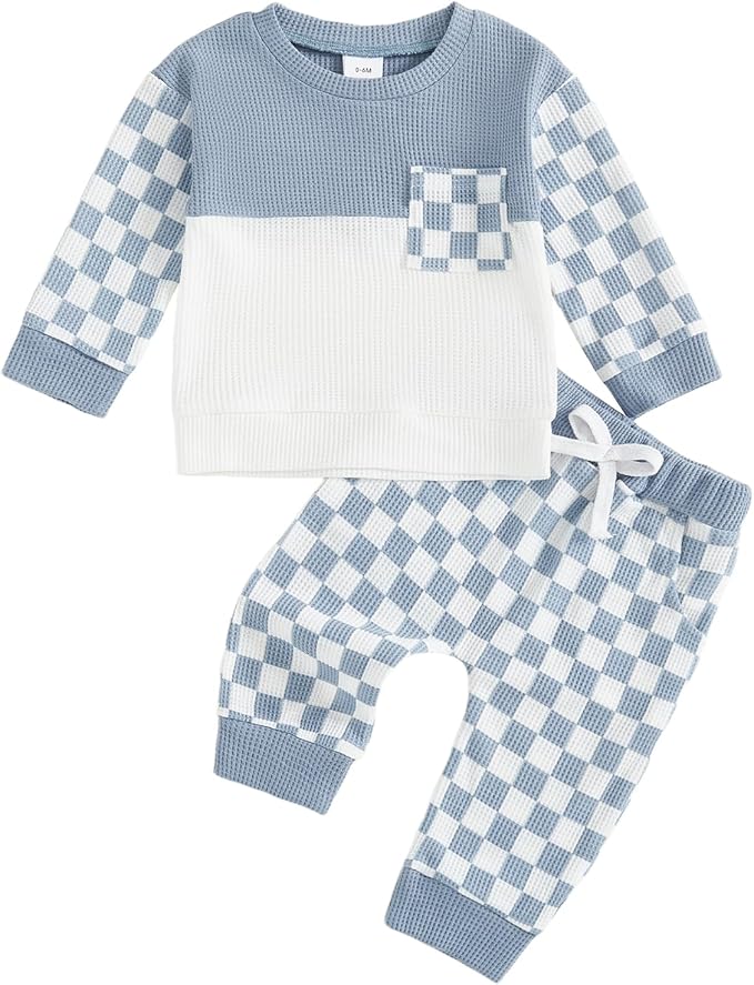 Toddler Baby Boy Fall Clothes Waffle Outfit Long Sleeve Color Blocking Sweatshirt Pullover Jogger Pant Set