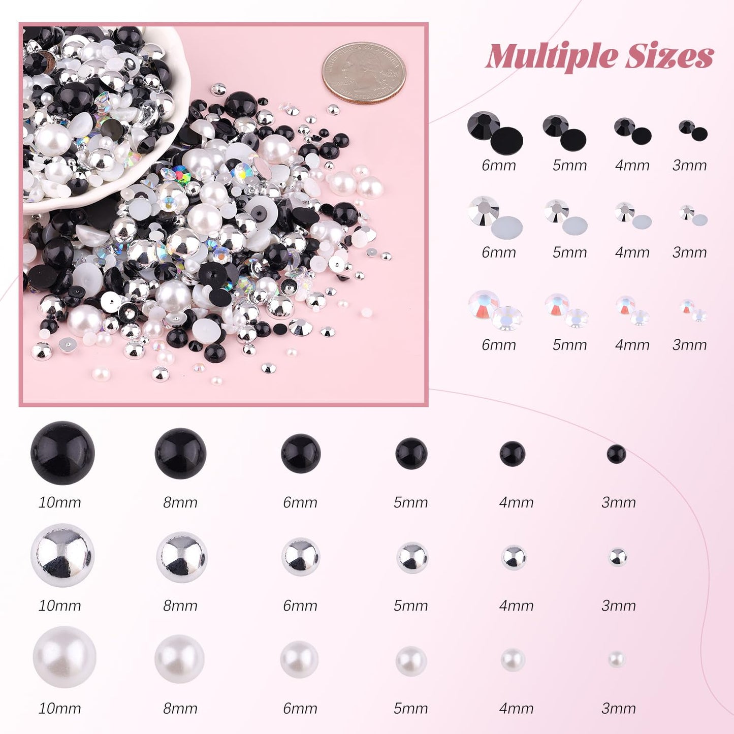 80g Flatback Pearls and Rhinestones for Crafting, Black White Mixed Size 3-10mm Resin Rhinestones and Half Pearls for Bedazzling, Nail Art and Decoration with Tweezer and Pickup Pencil
