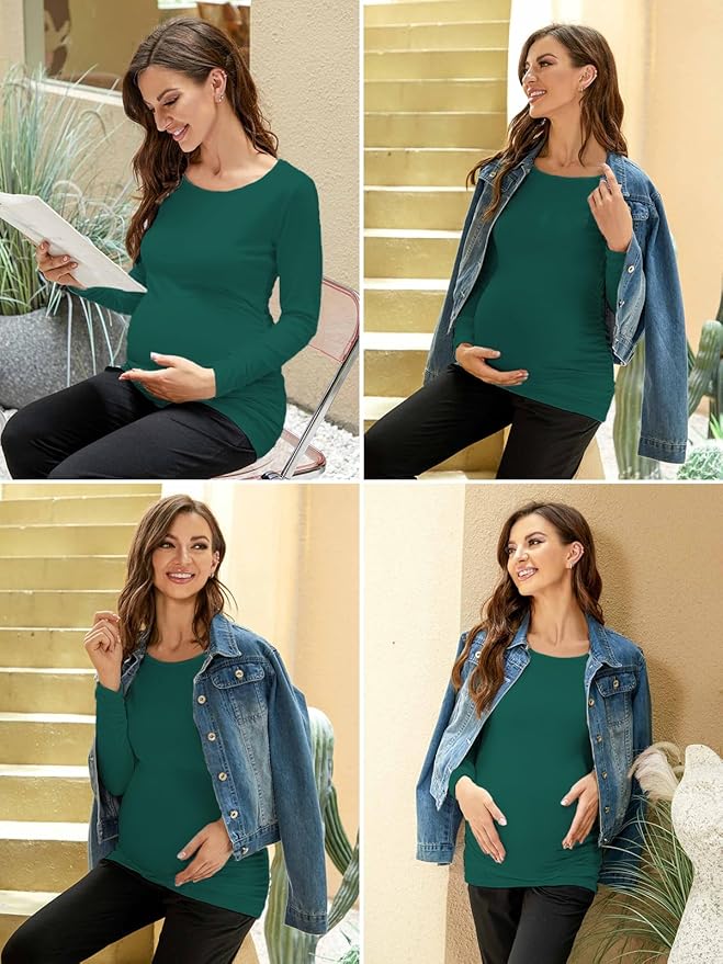 Ecavus Women's Maternity Shirts Long Sleeve Soft Stretchy Pregnancy Tops Side Ruched Casual Mama Clothes