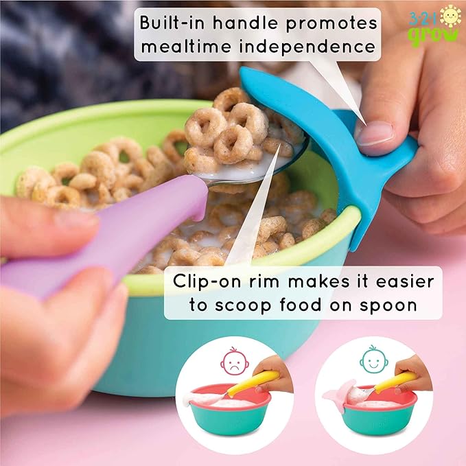 Silicone Easy Scoop & Hold Bowl Set – Adaptive Baby & Toddler Feeding Bowls with Clip-On Rim and Handle – Helps Build Independence & Coordination – 2 Pack – Dishwasher Safe (Watermelon)