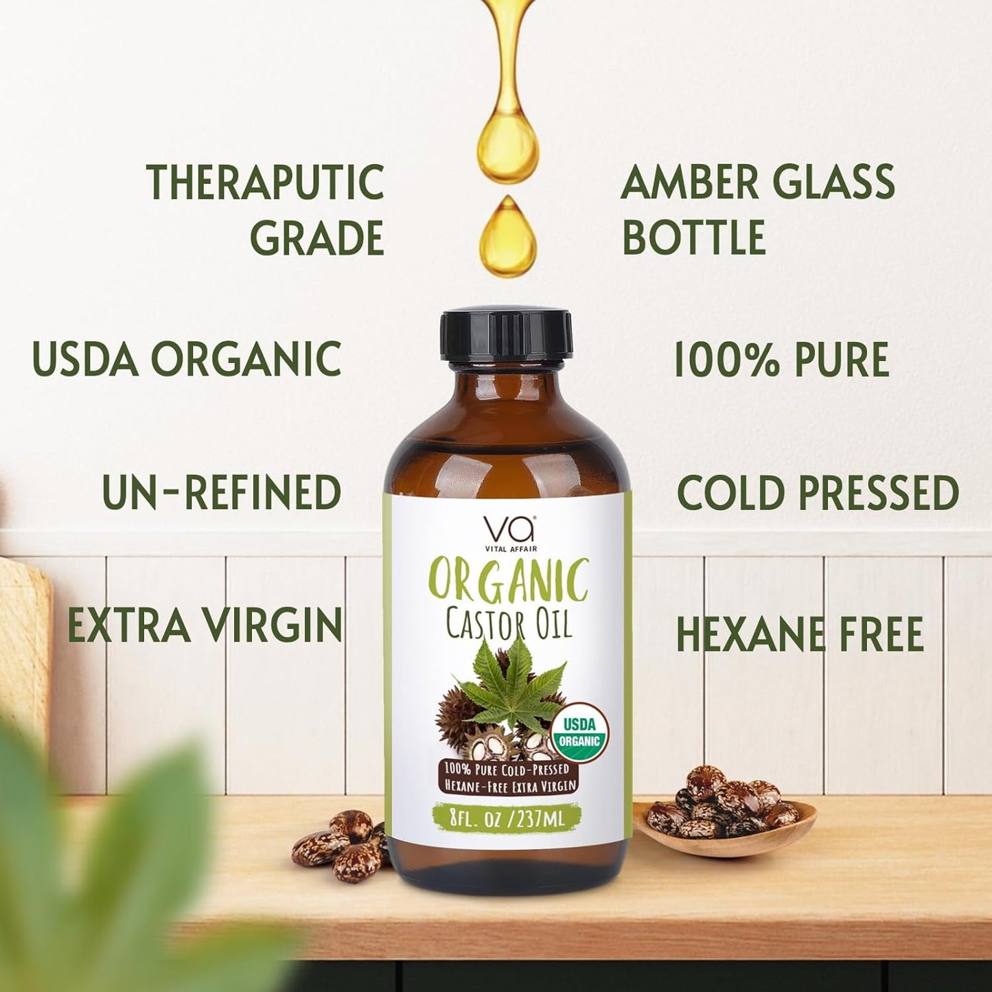 Castor Oil Organic Cold Pressed Unrefined Glass Bottle - USDA Certified Castor Oil For Hair Growth, Skin, Eyelashes, Eyebrows & Nails - 8 Fl Oz