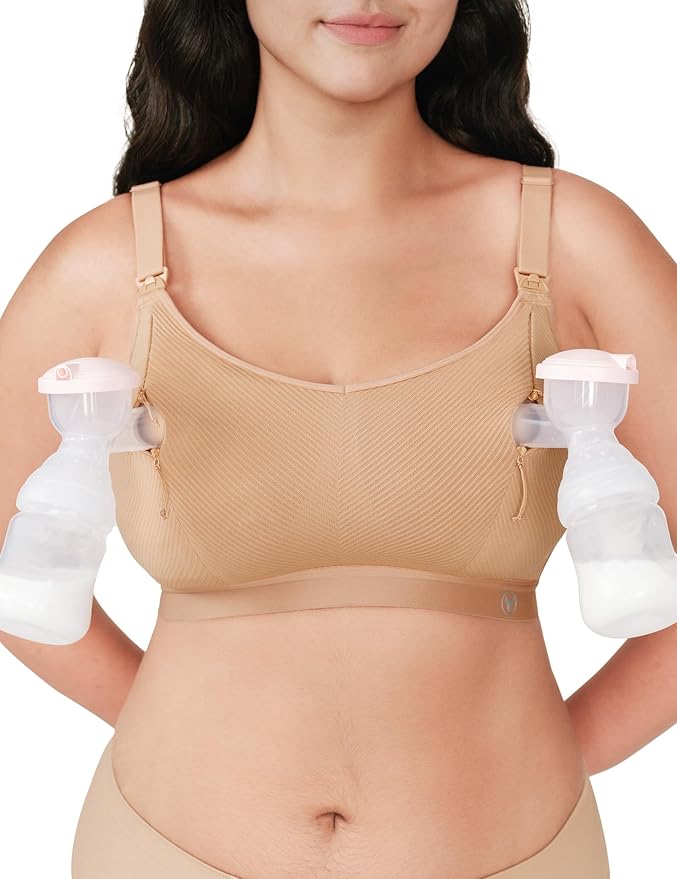 Pumping Bra Hands Free Zip Opening Seamless Nursing Bras for Breastfeeding High Support Nursing & Pumping Bra in One