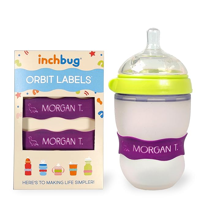 InchBug Orbit Labels Baby Bottle and Water Bottle Silicone Name Bands – Personalized Reusable Label Set for Daycare, Sippy Cups, Preschool, Elementary School, Dishwasher Safe, 4-Pack (Grape Juice)