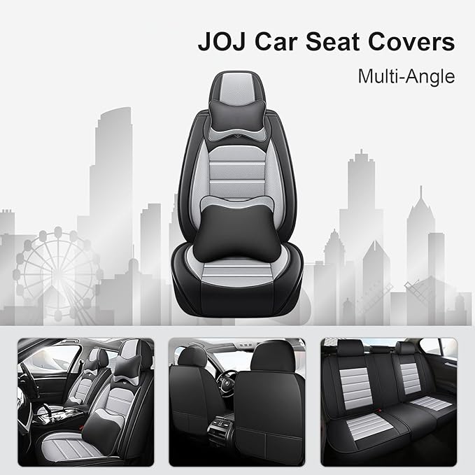 JOJ Fit for Toyota Highlander 2001-2022 Car Seat Covers,7 Seat Car Seat Cover,No-Slip Waterproof Breathable Faux Leather,Full Set with Pillow Steering Wheel Covers,Black Gray