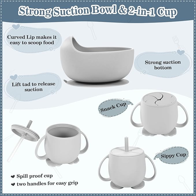 Silicone Baby Feeding Set 10 Pcs Baby Led Weaning Supplies Suction Bowl Divided Plate Baby Bibs Fruit feeder Pacifier Baby Spoons Forks Sippy Cup Utensil Sets Baby Essentials for Newborn Grey