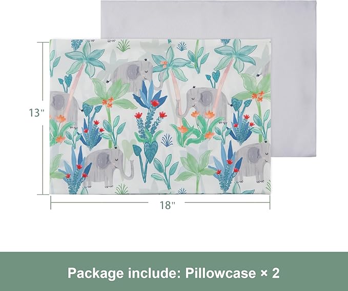 TILLYOU Toddler Pillowcases 13 x 18 Travel Pillow Case 2 Pack, Kids Pillowcases Machine Washable with Envelope Closure, Rainforest Elephant & Grey